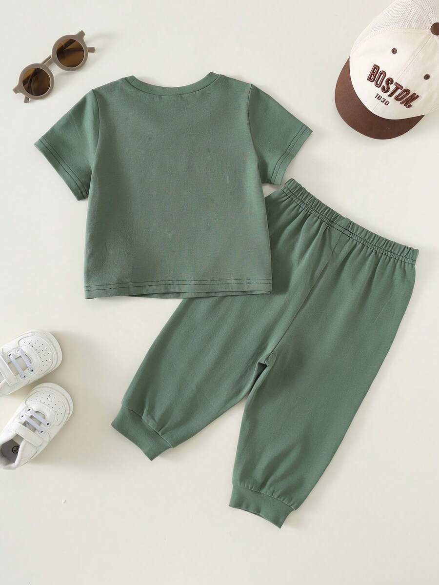 Baby Boy Letter Print T Shirt and Large Pocket Pants 2 Piece Casual Outfit Set for Spring Summer Autumn