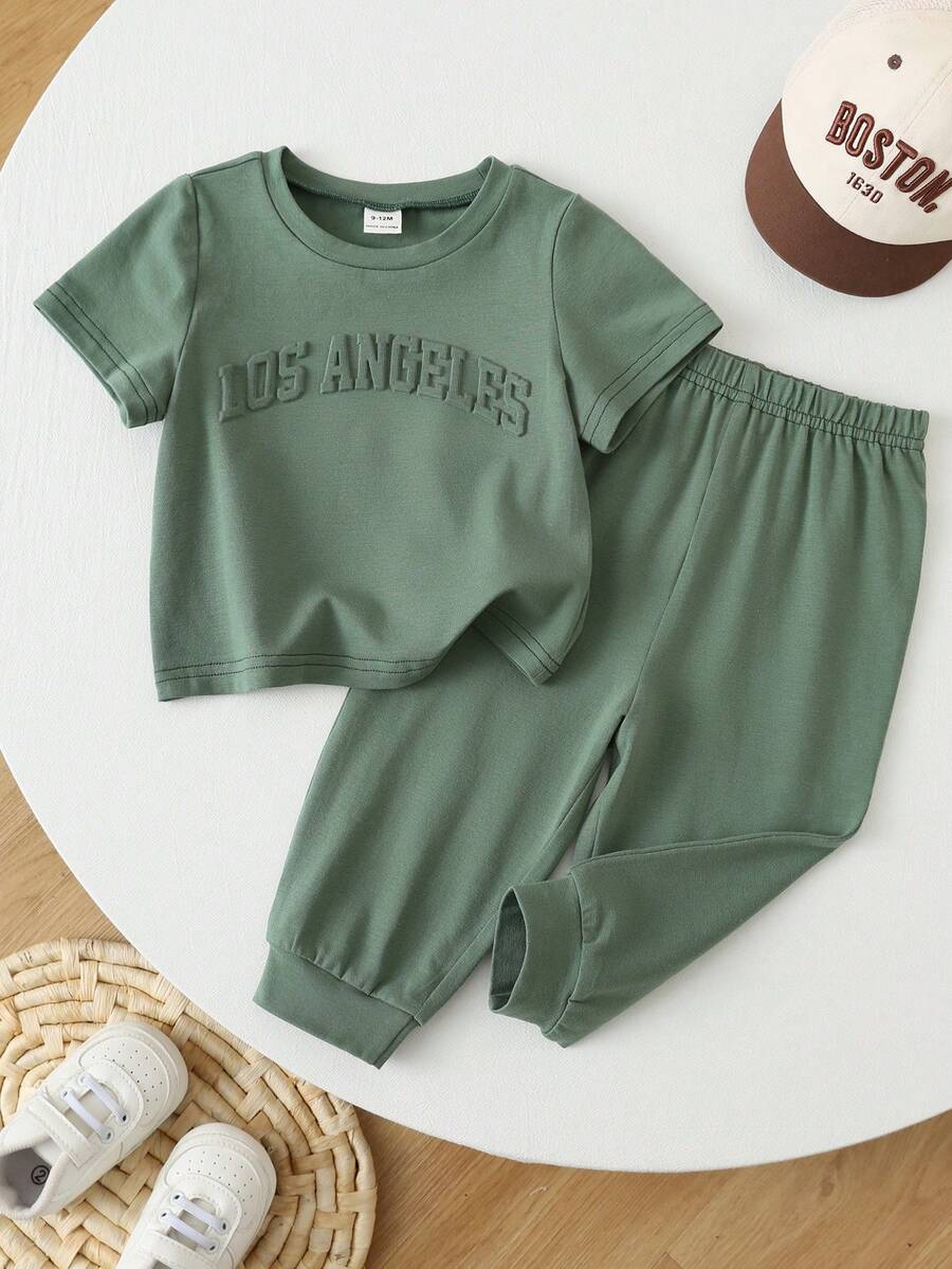 Baby Boy Letter Print T Shirt and Large Pocket Pants 2 Piece Casual Outfit Set for Spring Summer Autumn