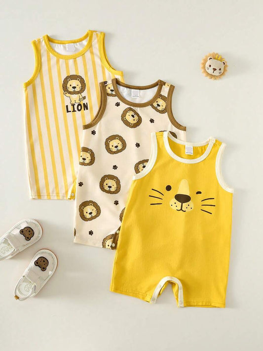 Unisex Newborn Baby Lion Print Sleeveless Romper 3 Piece Casual Summer Outfit Set