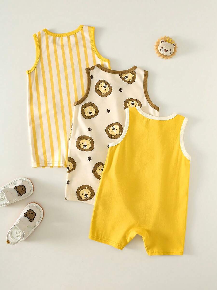 Unisex Newborn Baby Lion Print Sleeveless Romper 3 Piece Casual Summer Outfit Set