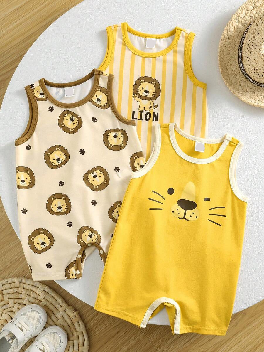 Unisex Newborn Baby Lion Print Sleeveless Romper 3 Piece Casual Summer Outfit Set