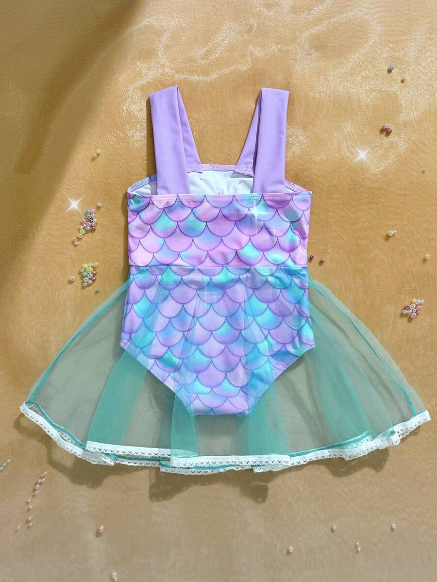 Baby Girls Mermaid Fish Scale One Piece Swimsuit Cute Ocean Princess Beachwear