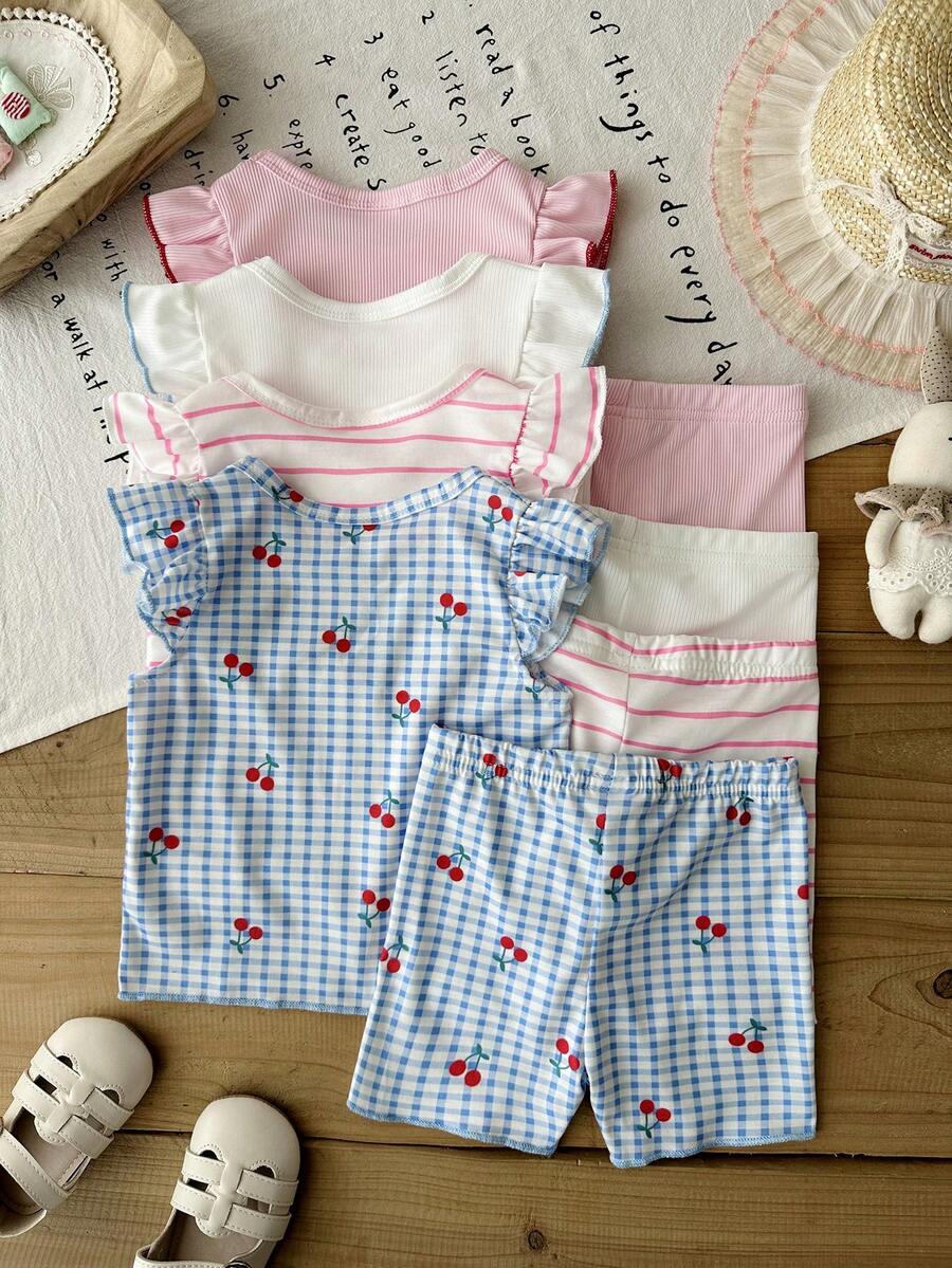 8-Piece Multi-Color Ribbed Short Sleeve Top and Shorts Set for Baby Girls