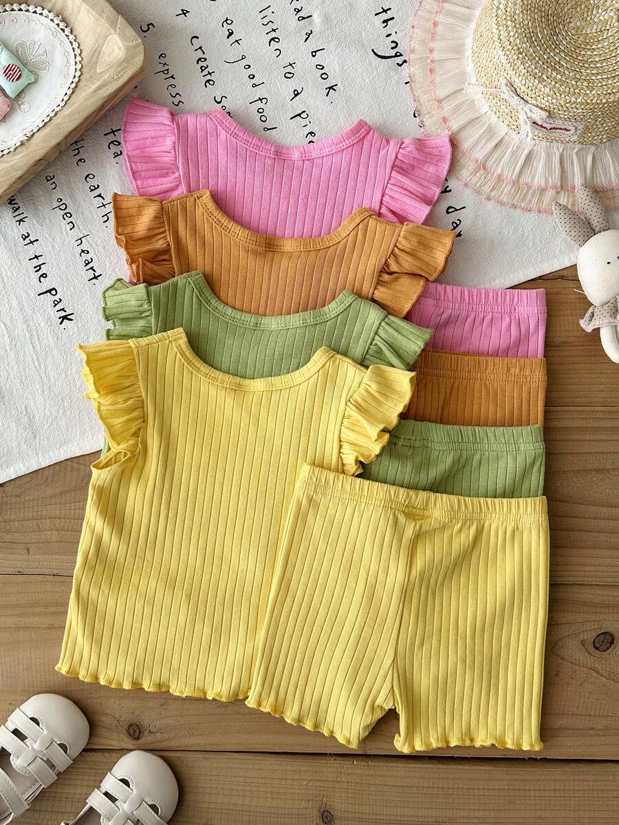 8-Piece Multi-Color Ribbed Short Sleeve Top and Shorts Set for Baby Girls