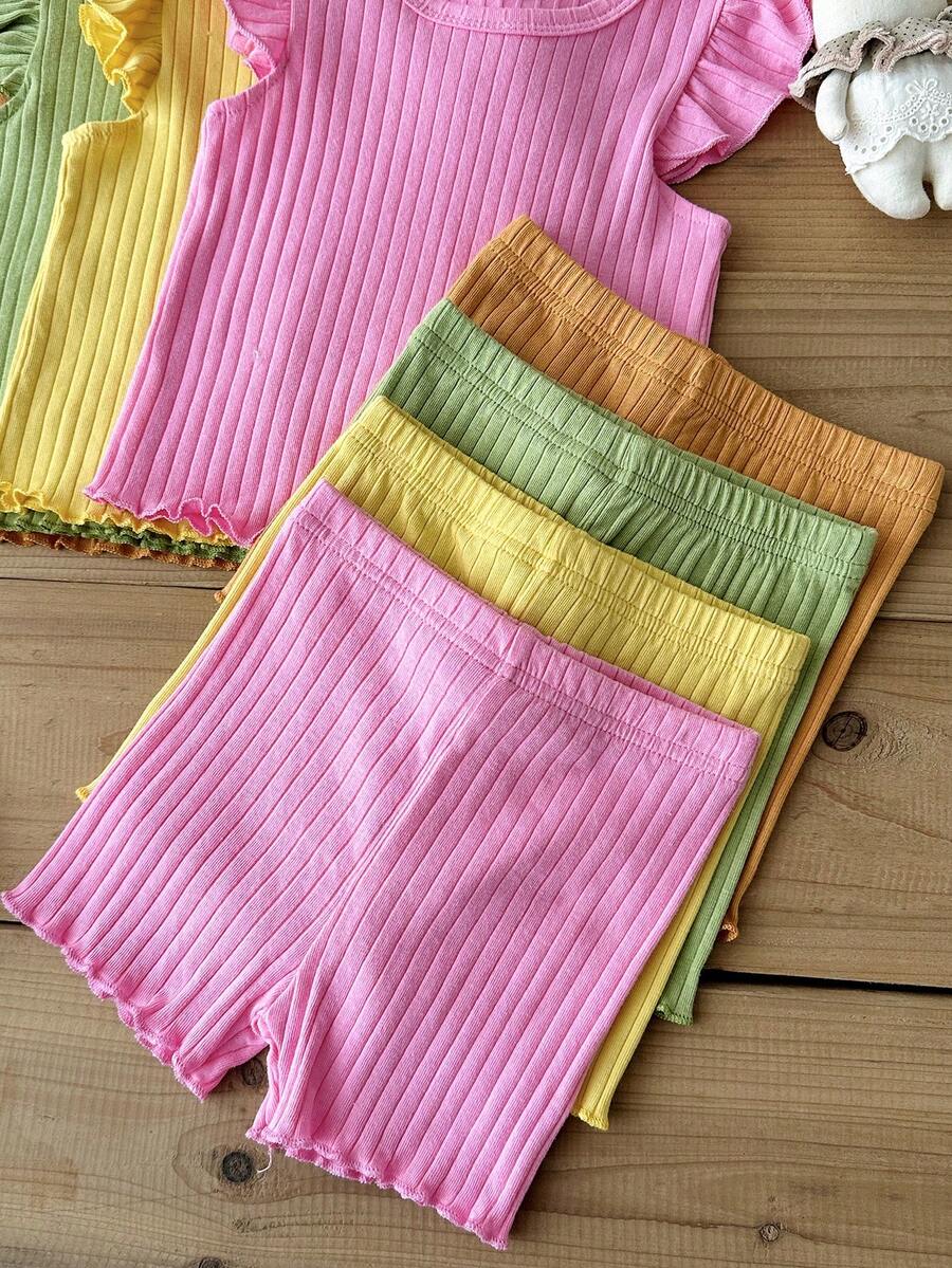 8-Piece Multi-Color Ribbed Short Sleeve Top and Shorts Set for Baby Girls