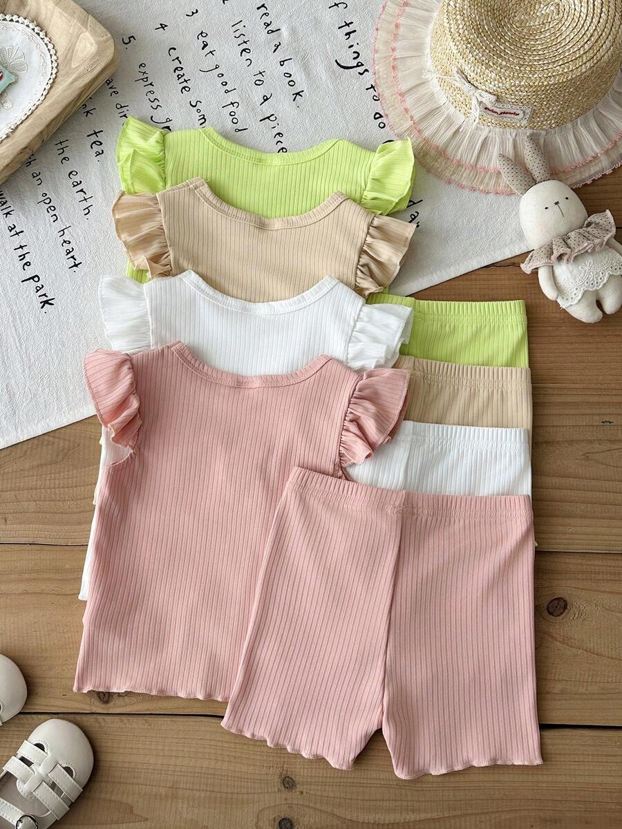 8-Piece Multi-Color Ribbed Short Sleeve Top and Shorts Set for Baby Girls