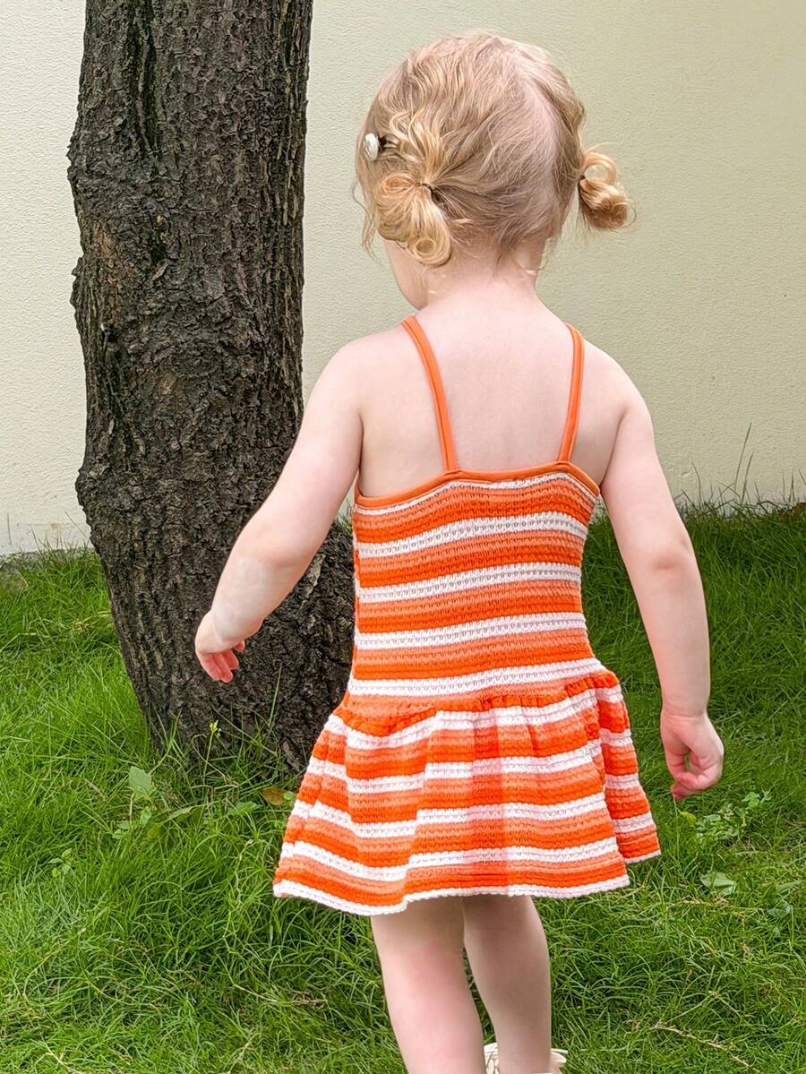 Striped Halter Dress With 3D Flower Detail Comfortable Summer Wear For Little Girls