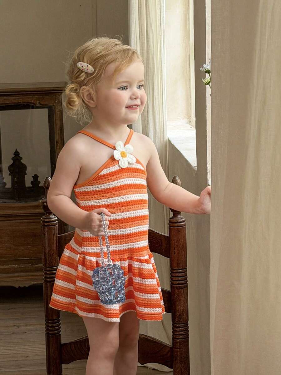 Striped Halter Dress With 3D Flower Detail Comfortable Summer Wear For Little Girls