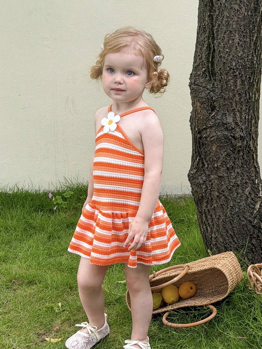 Striped Halter Dress With 3D Flower Detail Comfortable Summer Wear For Little Girls