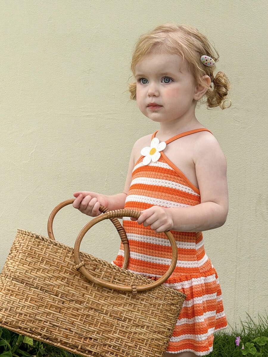 Striped Halter Dress With 3D Flower Detail Comfortable Summer Wear For Little Girls