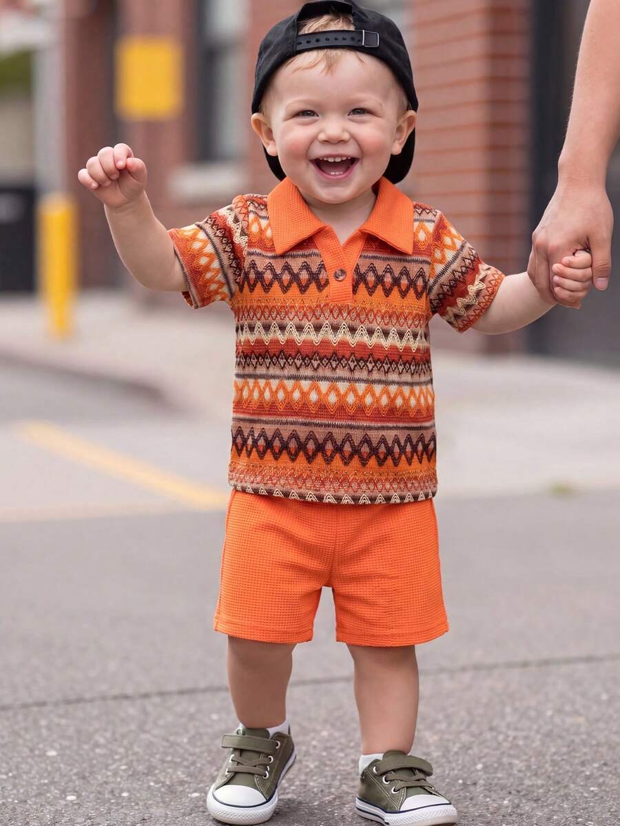 Playful Pals Baby Boy Khaki OOTD: Textured V-Neck and Striped Outfit