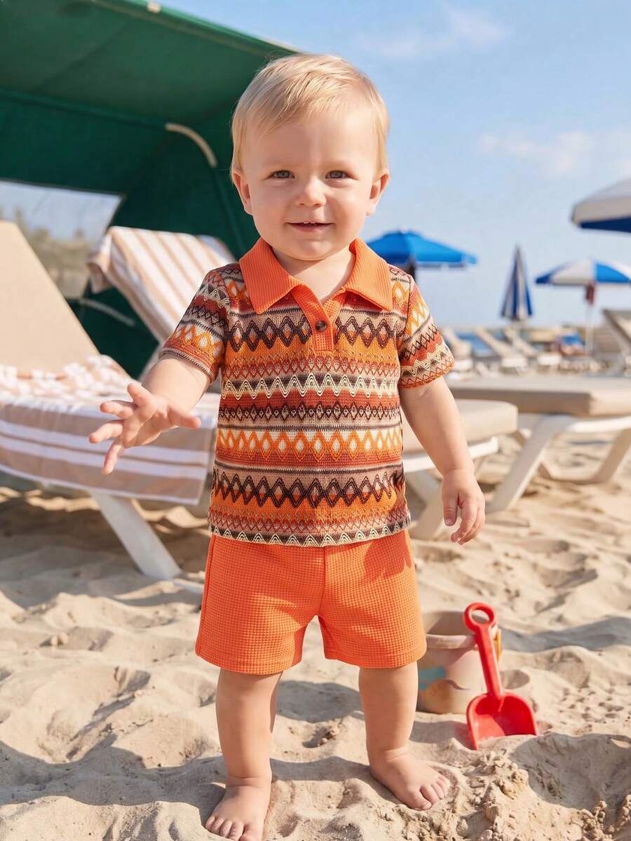 Playful Pals Baby Boy Khaki OOTD: Textured V-Neck and Striped Outfit