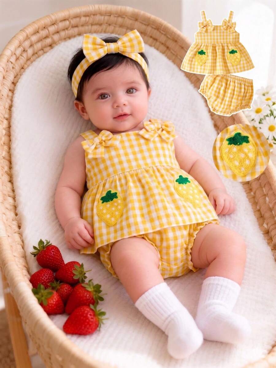 2PCS Baby Strawberry Embroidered Strap Top and Shorts Set for Cute Summer Vacations and Photoshoots