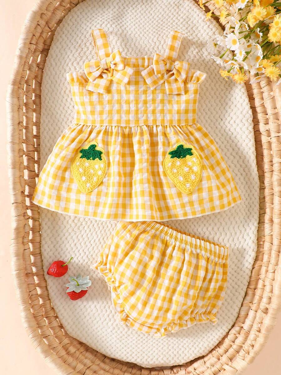 2PCS Baby Strawberry Embroidered Strap Top and Shorts Set for Cute Summer Vacations and Photoshoots