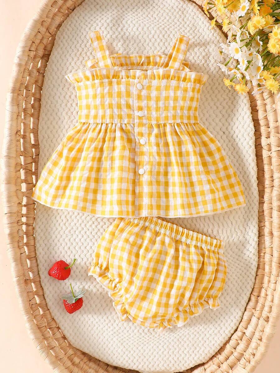 2PCS Baby Strawberry Embroidered Strap Top and Shorts Set for Cute Summer Vacations and Photoshoots