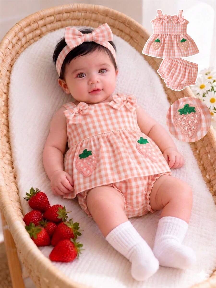 2PCS Baby Strawberry Embroidered Strap Top and Shorts Set for Cute Summer Vacations and Photoshoots