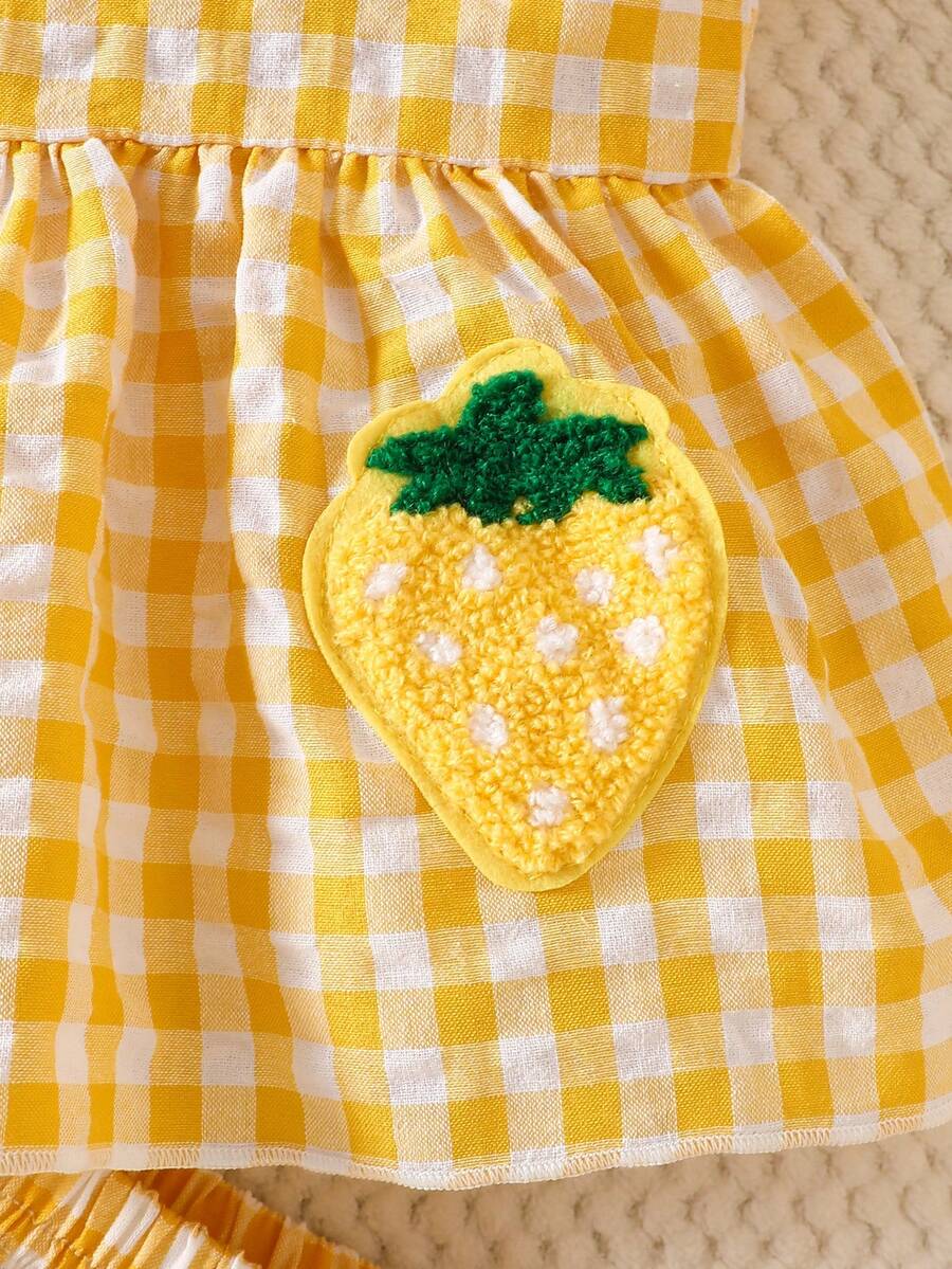 2PCS Baby Strawberry Embroidered Strap Top and Shorts Set for Cute Summer Vacations and Photoshoots