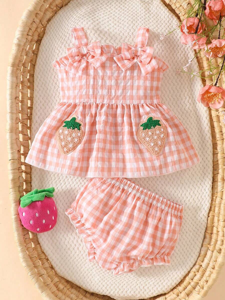 2PCS Baby Strawberry Embroidered Strap Top and Shorts Set for Cute Summer Vacations and Photoshoots