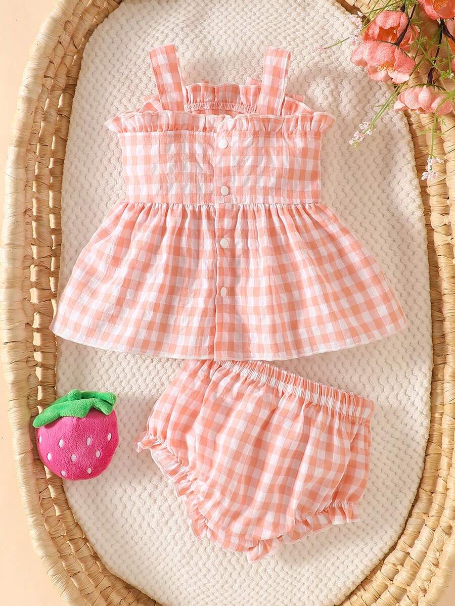 2PCS Baby Strawberry Embroidered Strap Top and Shorts Set for Cute Summer Vacations and Photoshoots