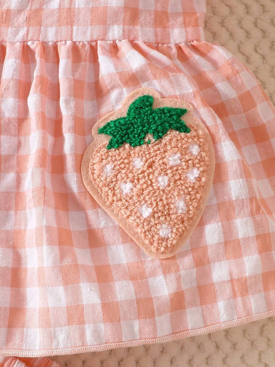 2PCS Baby Strawberry Embroidered Strap Top and Shorts Set for Cute Summer Vacations and Photoshoots