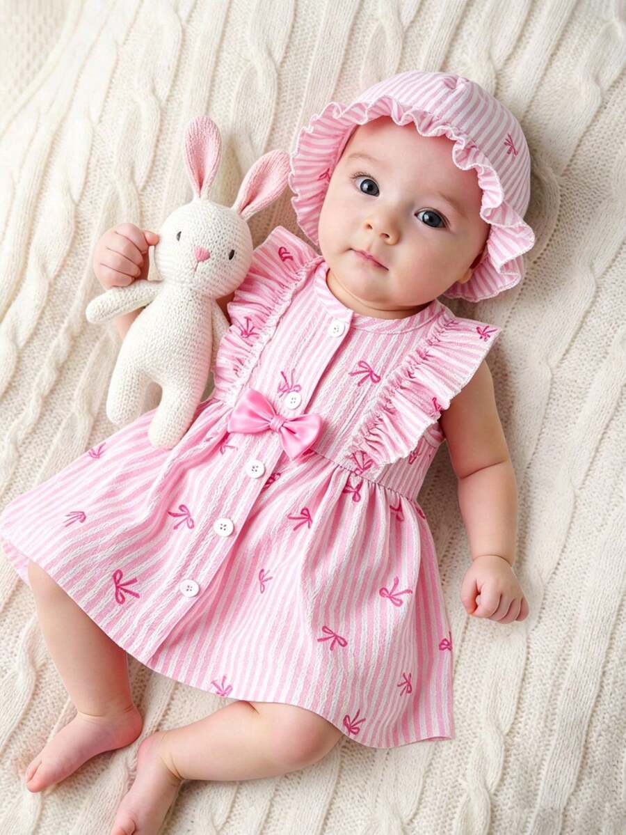 Baby Cherry Print Sleeveless Dress and Red Hat Set for Cute Summer Outings