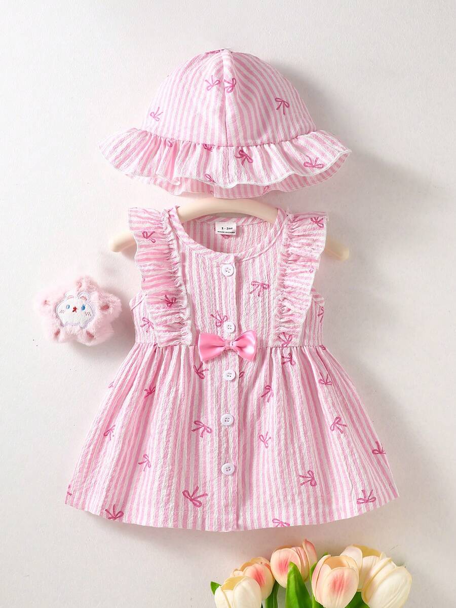 Baby Cherry Print Sleeveless Dress and Red Hat Set for Cute Summer Outings