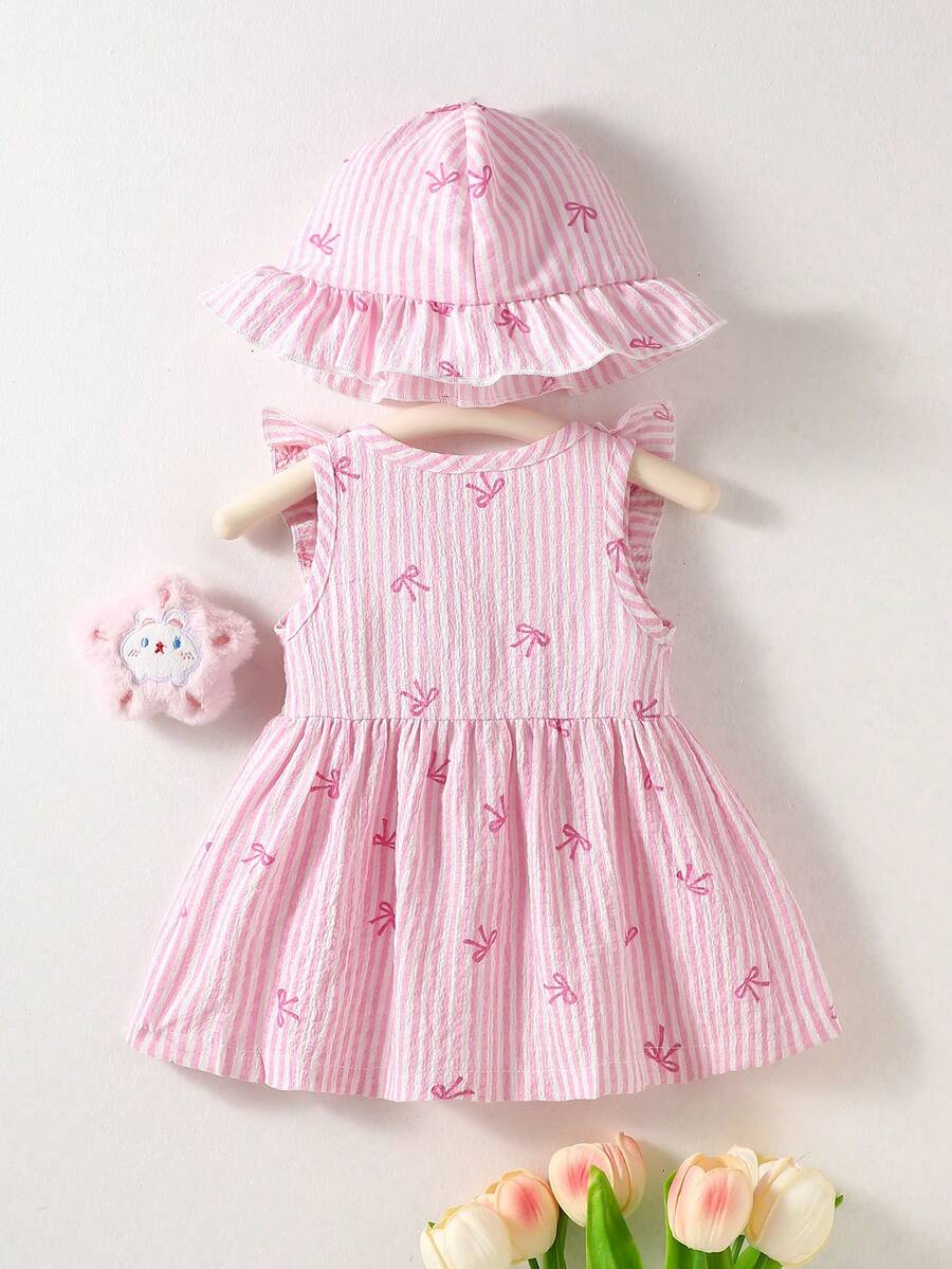 Baby Cherry Print Sleeveless Dress and Red Hat Set for Cute Summer Outings
