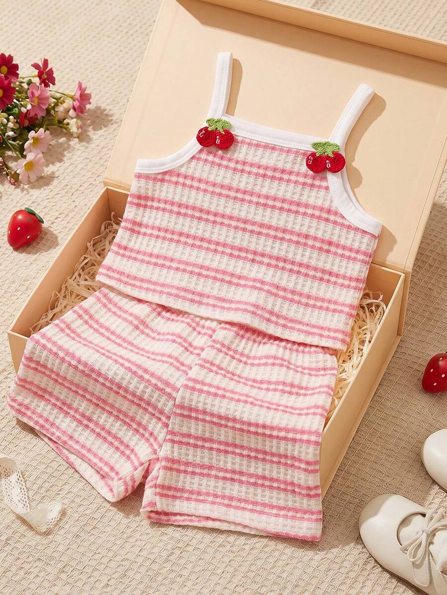 Striped Knit Camisole And Shorts Set For Baby Girls Summer Vacation Wear