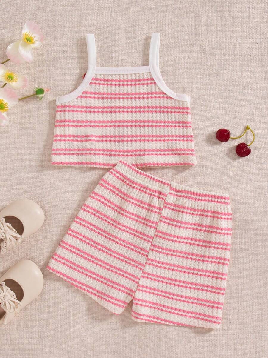 Striped Knit Camisole And Shorts Set For Baby Girls Summer Vacation Wear