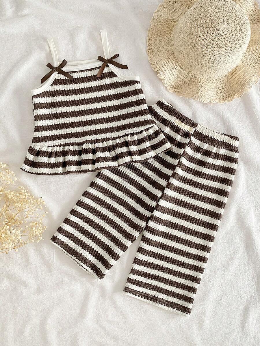 Delicate Strap Top And Solid Pants Set For Toddler Girls Casual Outfit