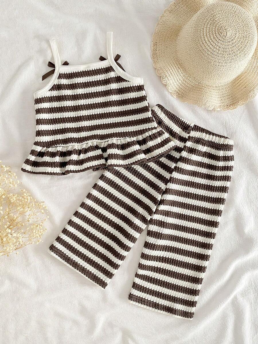 Delicate Strap Top And Solid Pants Set For Toddler Girls Casual Outfit