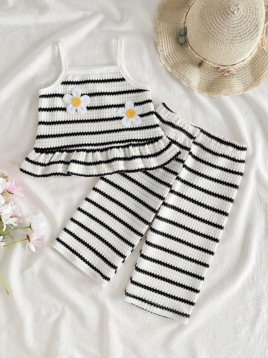 Delicate Strap Top And Solid Pants Set For Toddler Girls Casual Outfit