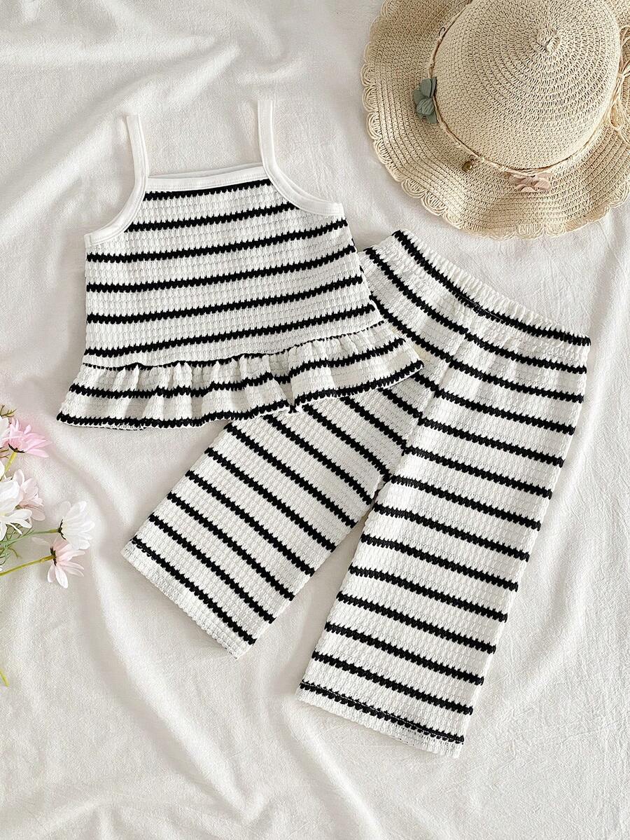 Delicate Strap Top And Solid Pants Set For Toddler Girls Casual Outfit