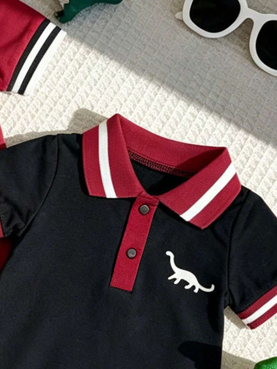 Toddler Boy Dinosaur Print Polo Collar Short Sleeve Romper 2 Piece Summer Outfit Set