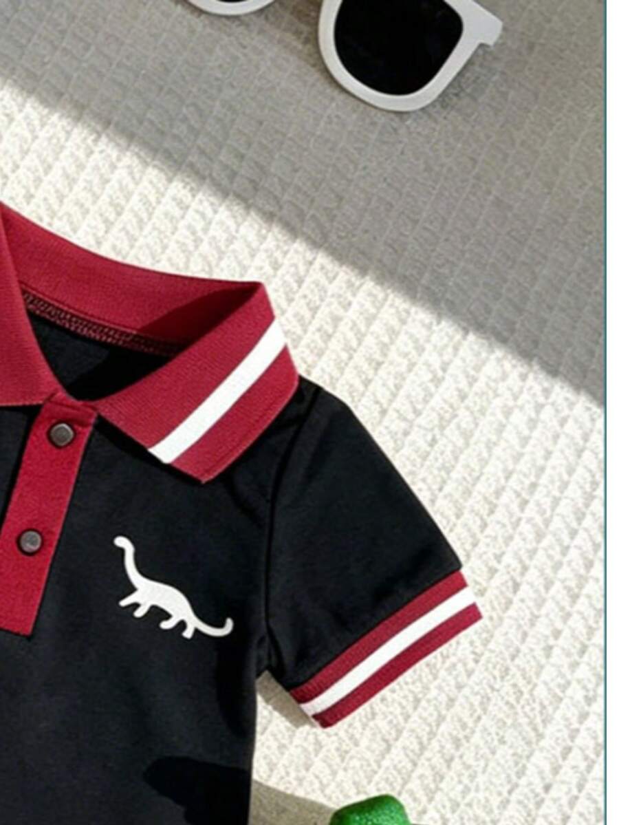 Toddler Boy Dinosaur Print Polo Collar Short Sleeve Romper 2 Piece Summer Outfit Set