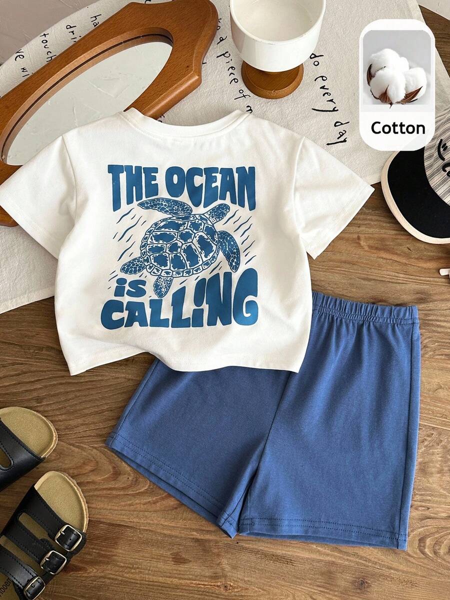 Baby Boy Animal Crayon Print T Shirt and Knitted Shorts 2 Piece Casual Spring Summer Outfit Set