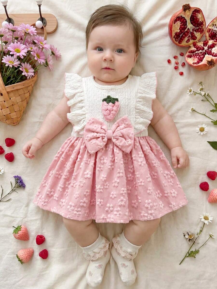 Baby Lace Collar Pink Bow Dress for Elegant Retro Summer Wear