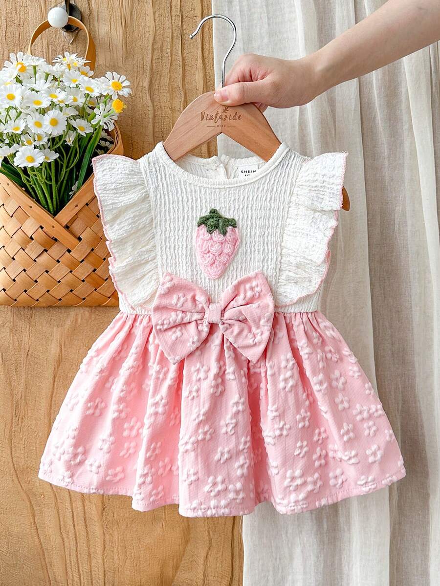 Baby Lace Collar Pink Bow Dress for Elegant Retro Summer Wear