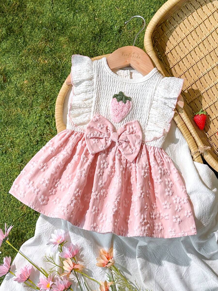 Baby Lace Collar Pink Bow Dress for Elegant Retro Summer Wear
