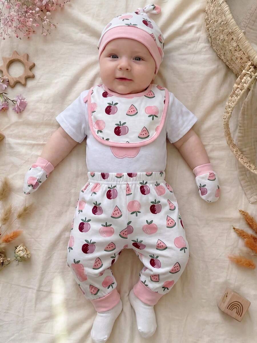Elephant Print Bodysuit Pants Hat Gloves and Bib Set for Cute Daily Wear