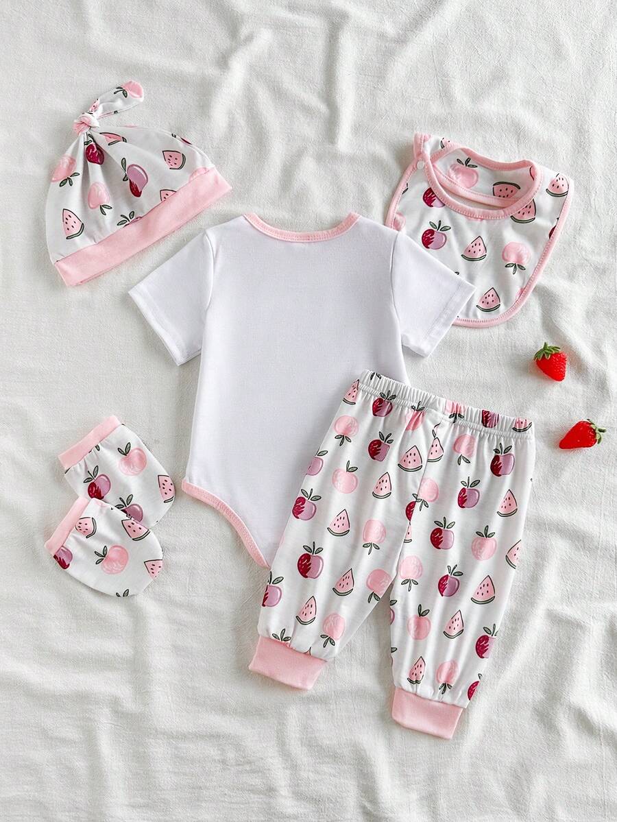 Elephant Print Bodysuit Pants Hat Gloves and Bib Set for Cute Daily Wear
