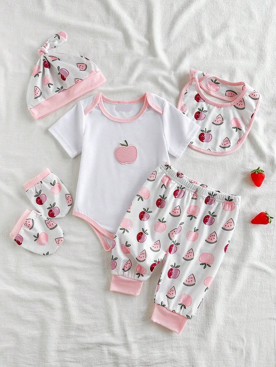 Elephant Print Bodysuit Pants Hat Gloves and Bib Set for Cute Daily Wear