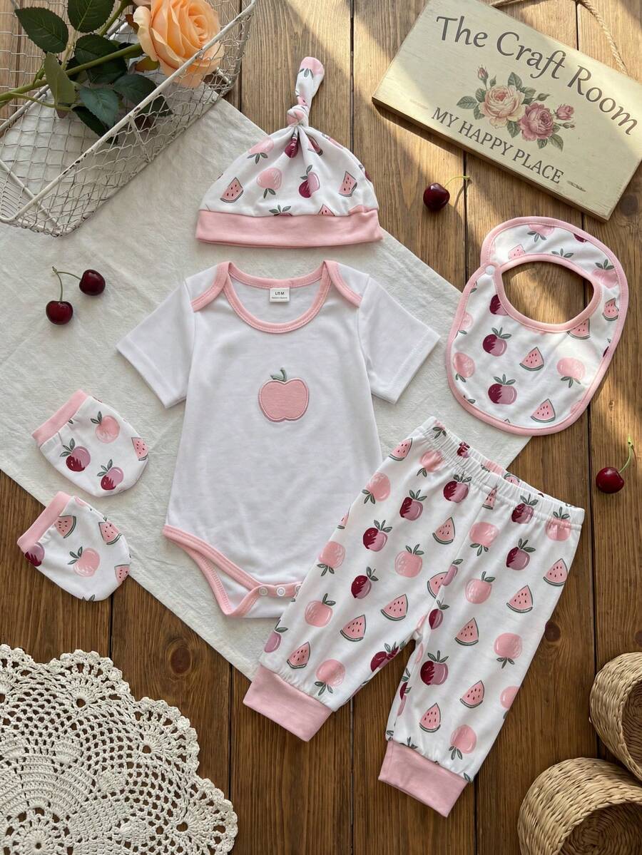 Elephant Print Bodysuit Pants Hat Gloves and Bib Set for Cute Daily Wear