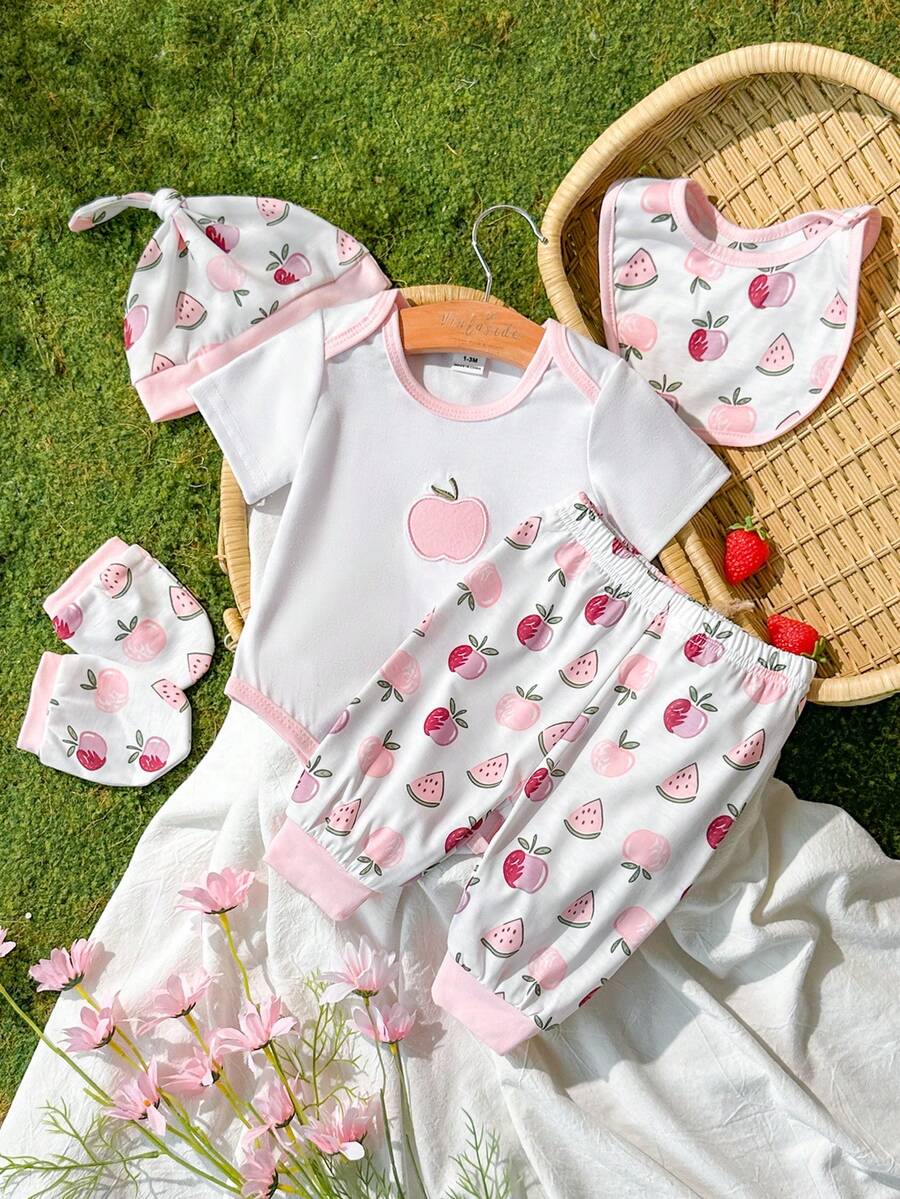 Elephant Print Bodysuit Pants Hat Gloves and Bib Set for Cute Daily Wear