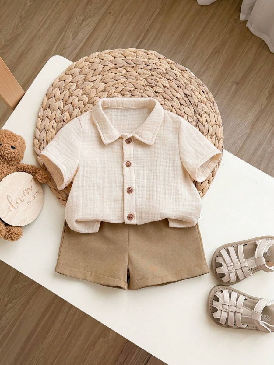 Baby Boy 2pcs Knit Jacquard Summer Set - Short Sleeve Shirt & Elastic Shorts