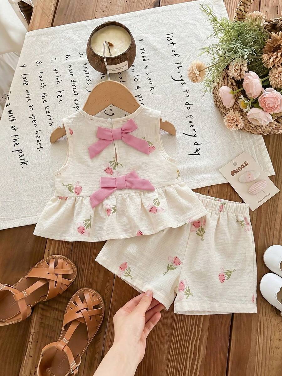 Plaid Bow Decor Outfit Set For Baby Girls Cute Ruffle Hem Summer Wear