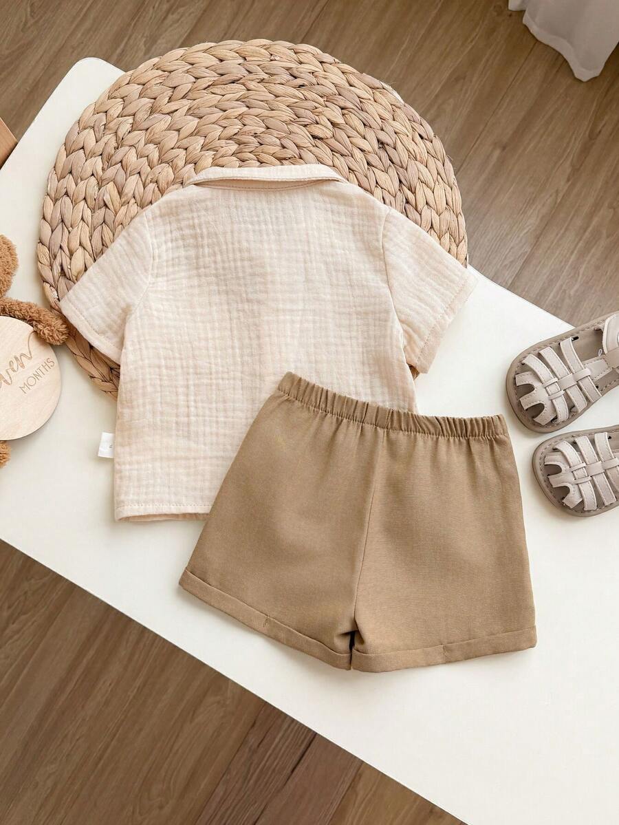 Baby Boy 2pcs Knit Jacquard Summer Set - Short Sleeve Shirt & Elastic Shorts