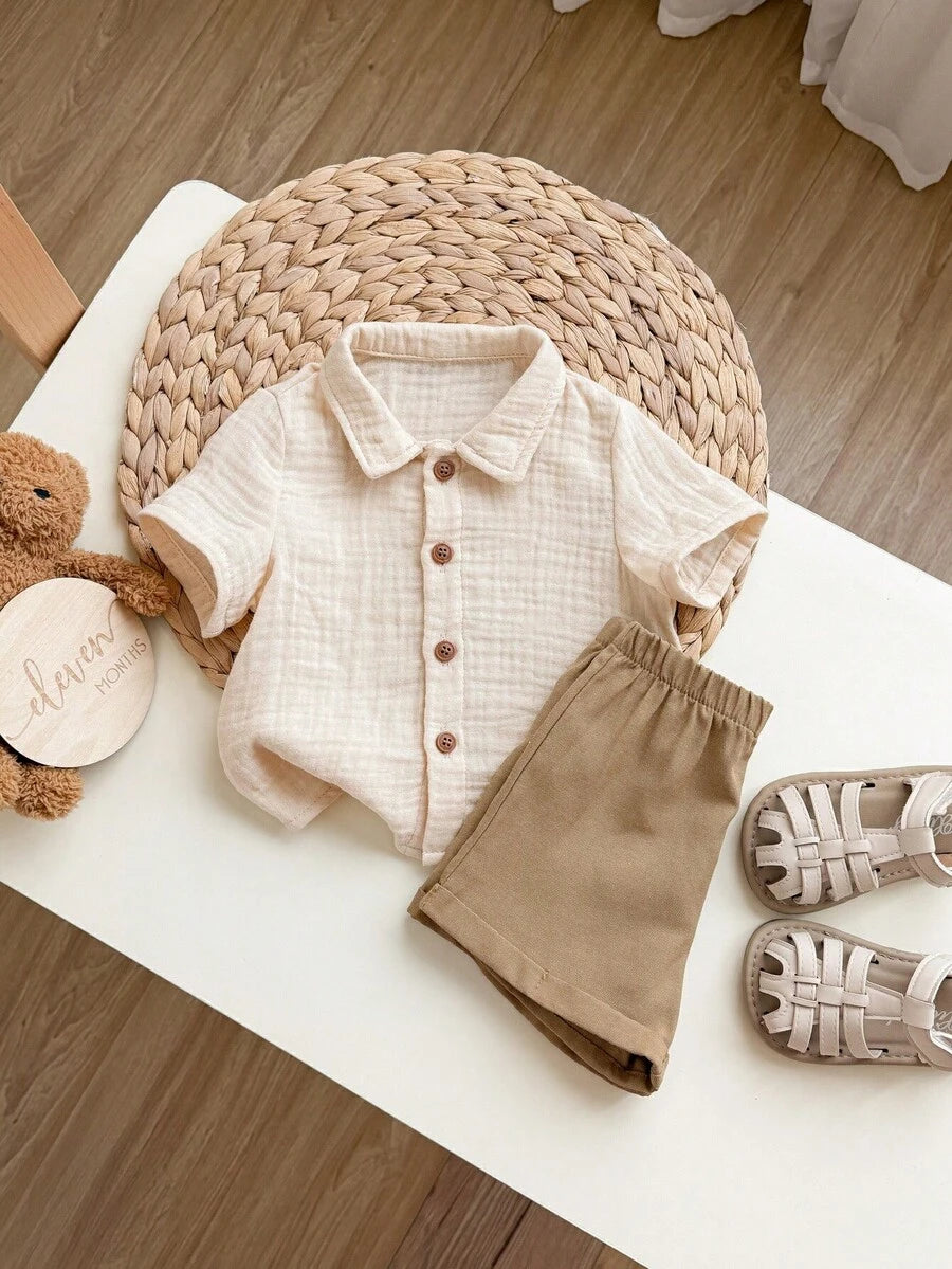 Baby Boy 2pcs Knit Jacquard Summer Set - Short Sleeve Shirt & Elastic Shorts