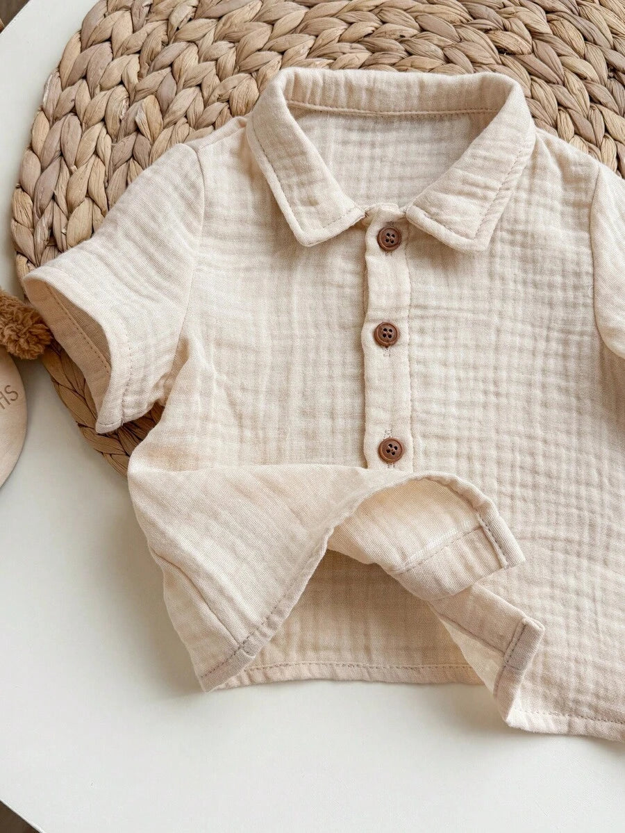 Baby Boy 2pcs Knit Jacquard Summer Set - Short Sleeve Shirt & Elastic Shorts