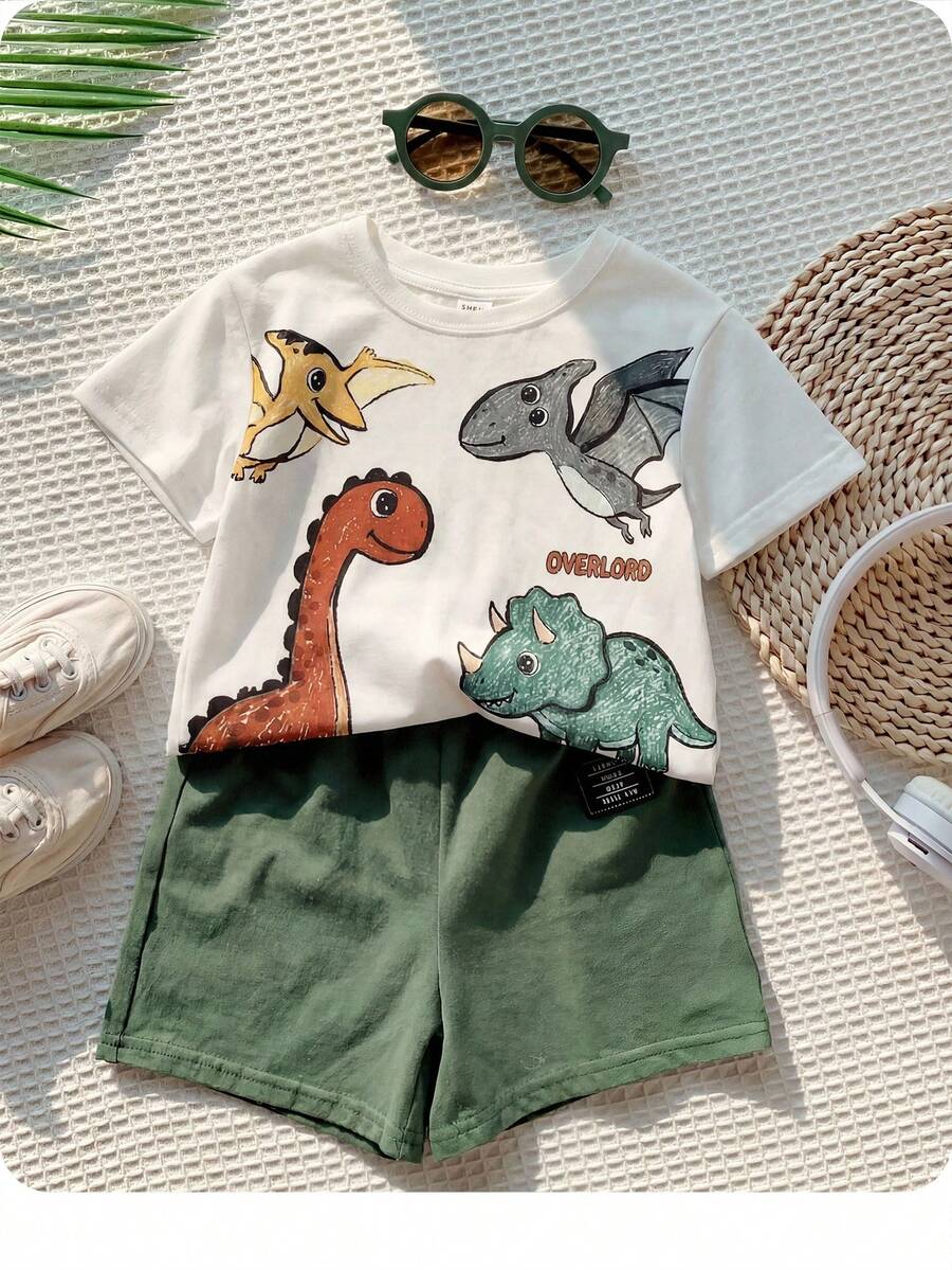 Baby Boy Animal Crayon Print T Shirt and Knitted Shorts 2 Piece Casual Spring Summer Outfit Set